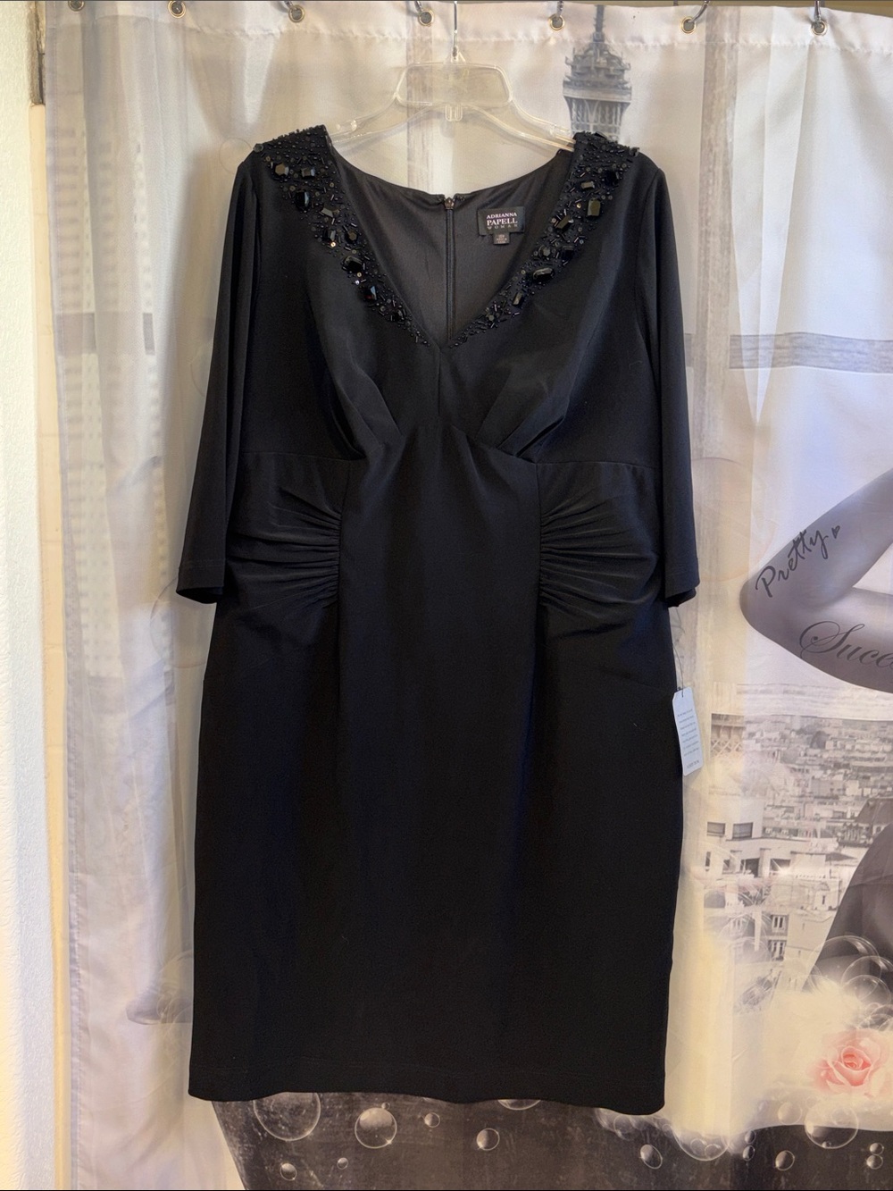 NWT Adrianna Papell Black Midi Dress with Beaded V-Neck
